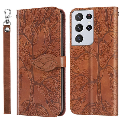 For Samsung Galaxy S21 Ultra 5G Life of Tree Embossing Pattern Horizontal Flip Leather Case with Holder & Card Slot & Wallet & Photo Frame & Lanyard(Brown)-garmade.com