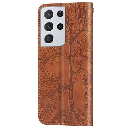 For Samsung Galaxy S21 Ultra 5G Life of Tree Embossing Pattern Horizontal Flip Leather Case with Holder & Card Slot & Wallet & Photo Frame & Lanyard(Brown)-garmade.com