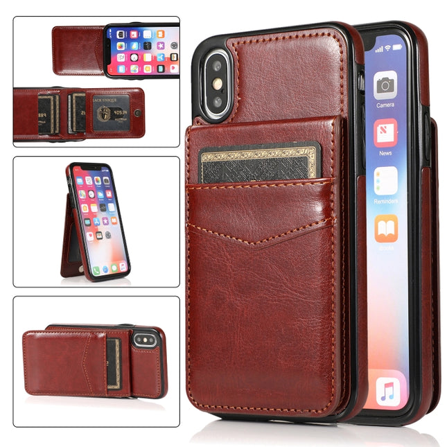 Solid Color PC + TPU Protective Case with Holder & Card Slots For iPhone XS / X(Brown)-garmade.com