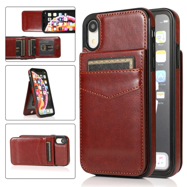 Solid Color PC + TPU Protective Case with Holder & Card Slots For iPhone XR(Brown)-garmade.com