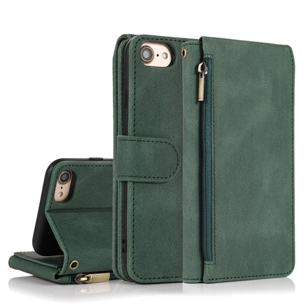 Skin-feel Crazy Horse Texture Zipper Wallet Bag Horizontal Flip Leather Case with Holder & Card Slots & Wallet & Lanyard For iPhone SE 2020 / 8 / 7(Dark Green)-garmade.com
