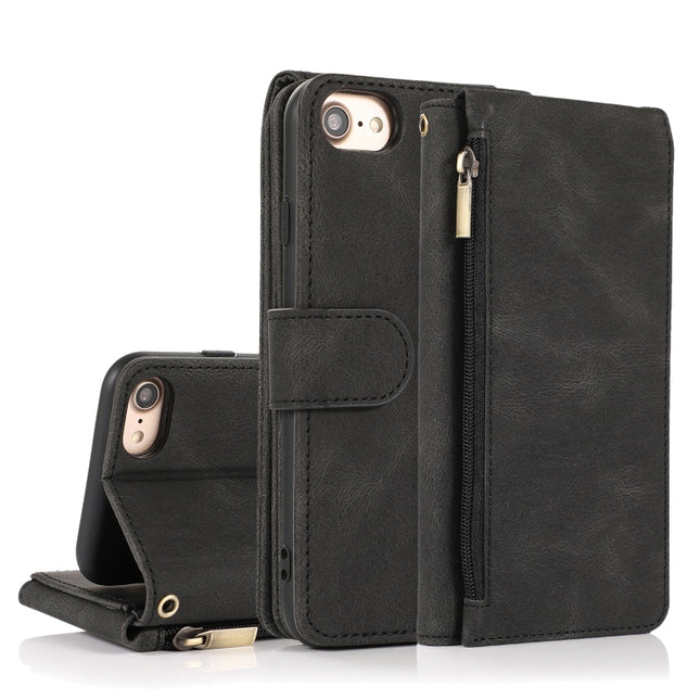 Skin-feel Crazy Horse Texture Zipper Wallet Bag Horizontal Flip Leather Case with Holder & Card Slots & Wallet & Lanyard For iPhone SE 2020 / 8 / 7(Black)-garmade.com