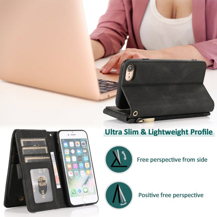 Skin-feel Crazy Horse Texture Zipper Wallet Bag Horizontal Flip Leather Case with Holder & Card Slots & Wallet & Lanyard For iPhone SE 2020 / 8 / 7(Black)-garmade.com