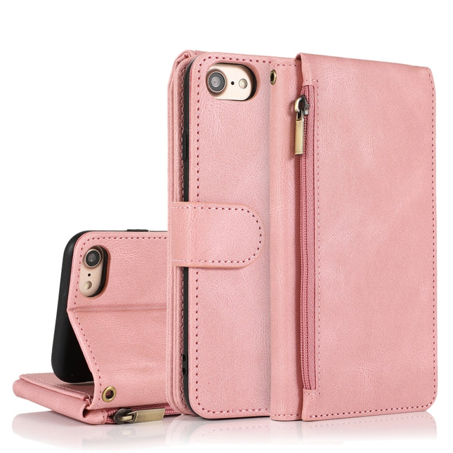 Skin-feel Crazy Horse Texture Zipper Wallet Bag Horizontal Flip Leather Case with Holder & Card Slots & Wallet & Lanyard For iPhone SE 2020 / 8 / 7(Rose Gold)-garmade.com