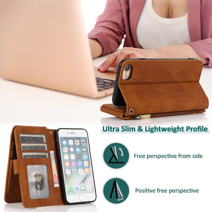 Skin-feel Crazy Horse Texture Zipper Wallet Bag Horizontal Flip Leather Case with Holder & Card Slots & Wallet & Lanyard For iPhone SE 2020 / 8 / 7(Brown)-garmade.com