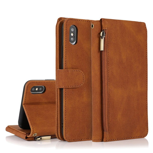 Skin-feel Crazy Horse Texture Zipper Wallet Bag Horizontal Flip Leather Case with Holder & Card Slots & Wallet & Lanyard For iPhone XS / X(Brown)-garmade.com