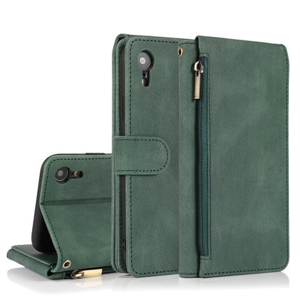 Skin-feel Crazy Horse Texture Zipper Wallet Bag Horizontal Flip Leather Case with Holder & Card Slots & Wallet & Lanyard For iPhone XR(Dark Green)-garmade.com