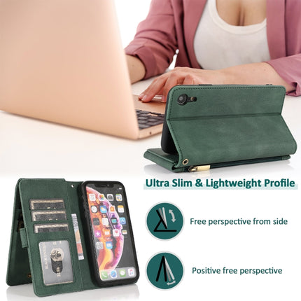 Skin-feel Crazy Horse Texture Zipper Wallet Bag Horizontal Flip Leather Case with Holder & Card Slots & Wallet & Lanyard For iPhone XR(Dark Green)-garmade.com