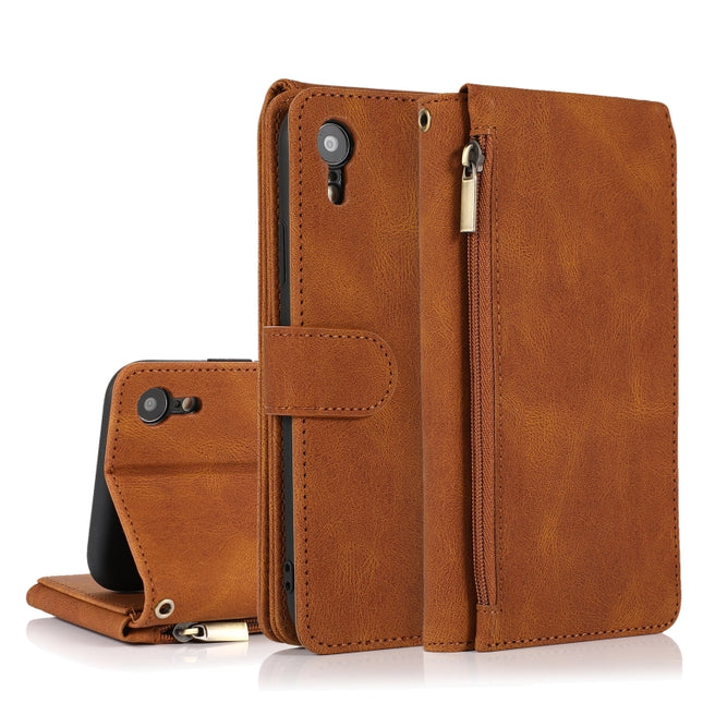 Skin-feel Crazy Horse Texture Zipper Wallet Bag Horizontal Flip Leather Case with Holder & Card Slots & Wallet & Lanyard For iPhone XR(Brown)-garmade.com