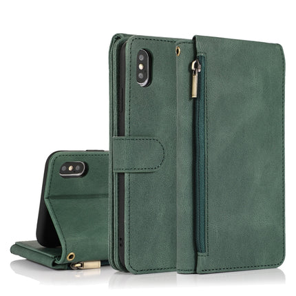 Skin-feel Crazy Horse Texture Zipper Wallet Bag Horizontal Flip Leather Case with Holder & Card Slots & Wallet & Lanyard For iPhone XS Max(Dark Green)-garmade.com
