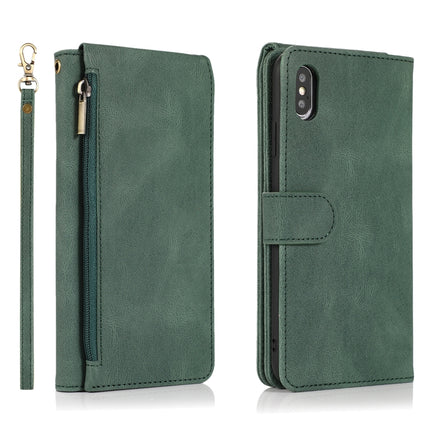 Skin-feel Crazy Horse Texture Zipper Wallet Bag Horizontal Flip Leather Case with Holder & Card Slots & Wallet & Lanyard For iPhone XS Max(Dark Green)-garmade.com
