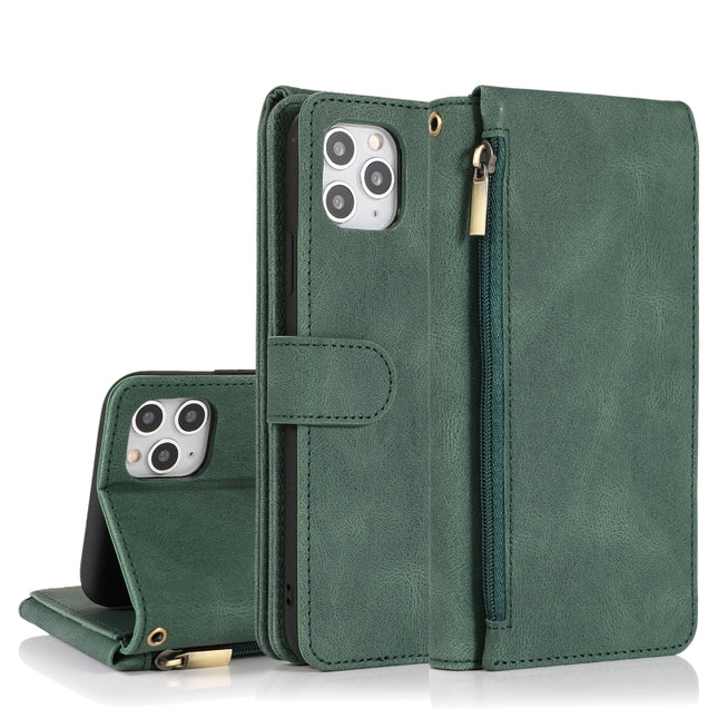Skin-feel Crazy Horse Texture Zipper Wallet Bag Horizontal Flip Leather Case with Holder & Card Slots & Wallet & Lanyard For iPhone 11 Pro Max(Dark Green)-garmade.com