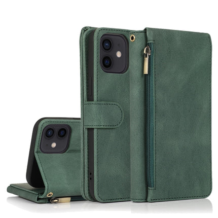 Skin-feel Crazy Horse Texture Zipper Wallet Bag Horizontal Flip Leather Case with Holder & Card Slots & Wallet & Lanyard For iPhone 12 mini(Dark Green)-garmade.com