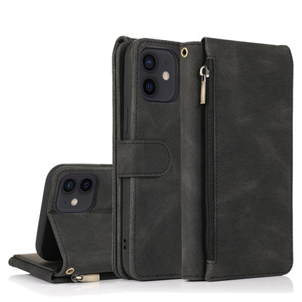Skin-feel Crazy Horse Texture Zipper Wallet Bag Horizontal Flip Leather Case with Holder & Card Slots & Wallet & Lanyard For iPhone 12 mini(Black)-garmade.com
