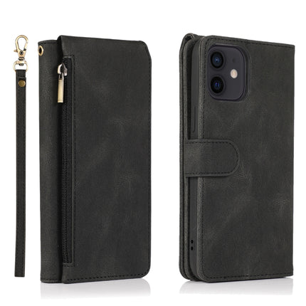 Skin-feel Crazy Horse Texture Zipper Wallet Bag Horizontal Flip Leather Case with Holder & Card Slots & Wallet & Lanyard For iPhone 12 mini(Black)-garmade.com