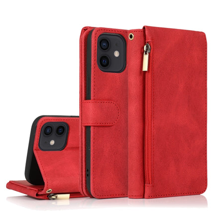 Skin-feel Crazy Horse Texture Zipper Wallet Bag Horizontal Flip Leather Case with Holder & Card Slots & Wallet & Lanyard For iPhone 12 mini(Red)-garmade.com