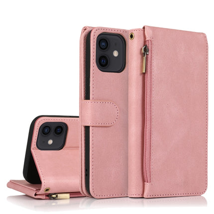 Skin-feel Crazy Horse Texture Zipper Wallet Bag Horizontal Flip Leather Case with Holder & Card Slots & Wallet & Lanyard For iPhone 12 mini(Rose Gold)-garmade.com