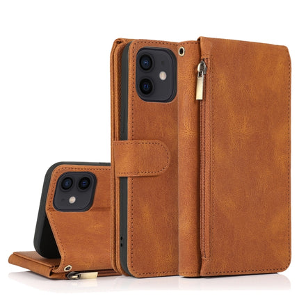 Skin-feel Crazy Horse Texture Zipper Wallet Bag Horizontal Flip Leather Case with Holder & Card Slots & Wallet & Lanyard For iPhone 12 mini(Brown)-garmade.com