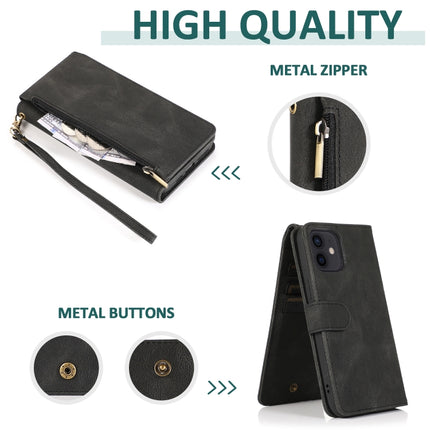 Skin-feel Crazy Horse Texture Zipper Wallet Bag Horizontal Flip Leather Case with Holder & Card Slots & Wallet & Lanyard For iPhone 12 Pro Max(Black)-garmade.com