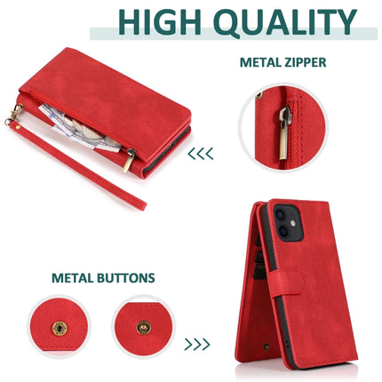 Skin-feel Crazy Horse Texture Zipper Wallet Bag Horizontal Flip Leather Case with Holder & Card Slots & Wallet & Lanyard For iPhone 12 Pro Max(Red)-garmade.com