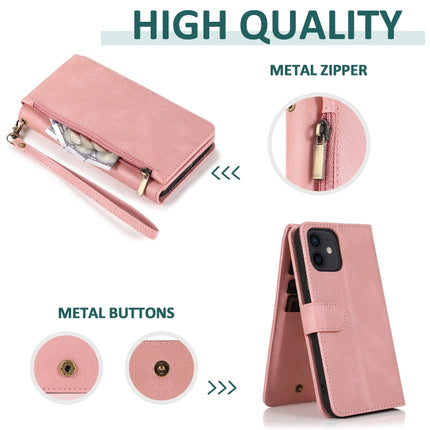 Skin-feel Crazy Horse Texture Zipper Wallet Bag Horizontal Flip Leather Case with Holder & Card Slots & Wallet & Lanyard For iPhone 12 Pro Max(Rose Gold)-garmade.com