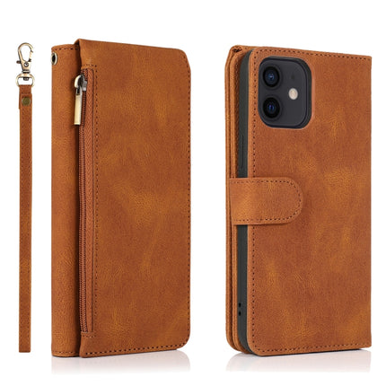 Skin-feel Crazy Horse Texture Zipper Wallet Bag Horizontal Flip Leather Case with Holder & Card Slots & Wallet & Lanyard For iPhone 12 Pro Max(Brown)-garmade.com