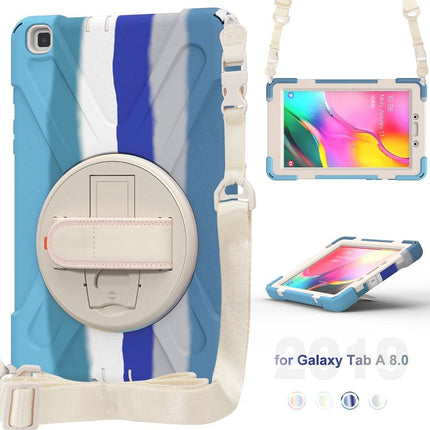 For Samsung Galaxy Tab A 8.0 (2019) T290 / T295 Shockproof Colorful Silicone + PC Protective Case with Holder & Shoulder Strap & Hand Strap (Blue)-garmade.com