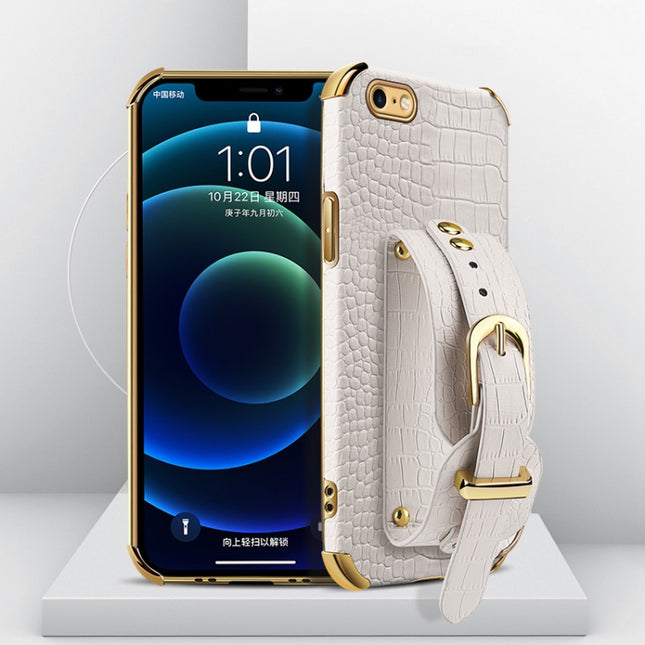 Electroplated TPU Crocodile Pattern Leather Case with Wrist Strap For iPhone SE 2020 / 8 / 7(White)-garmade.com