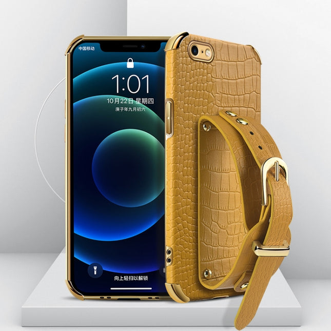 Electroplated TPU Crocodile Pattern Leather Case with Wrist Strap For iPhone SE 2020 / 8 / 7(Yellow)-garmade.com