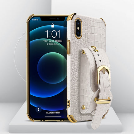 Electroplated TPU Crocodile Pattern Leather Case with Wrist Strap For iPhone XS / X(White)-garmade.com