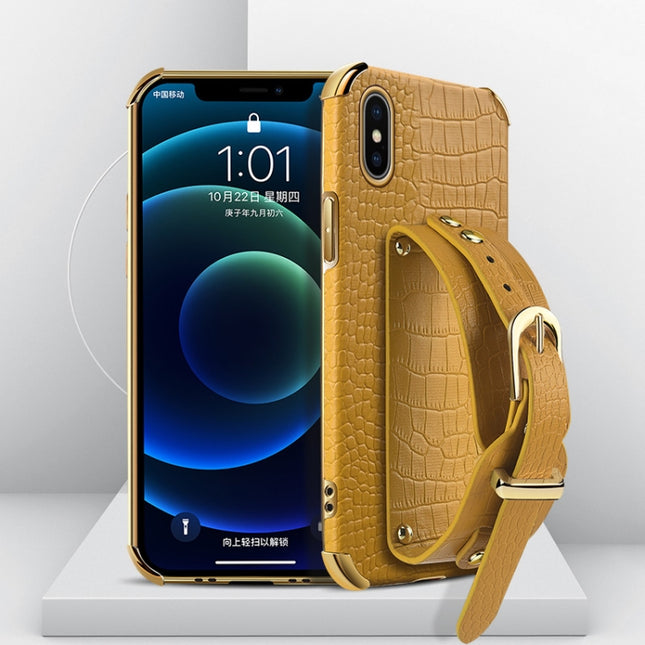 Electroplated TPU Crocodile Pattern Leather Case with Wrist Strap For iPhone XS / X(Yellow)-garmade.com