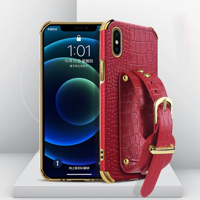 Electroplated TPU Crocodile Pattern Leather Case with Wrist Strap For iPhone XS / X(Red)-garmade.com