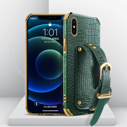 Electroplated TPU Crocodile Pattern Leather Case with Wrist Strap For iPhone XS / X(Green)-garmade.com