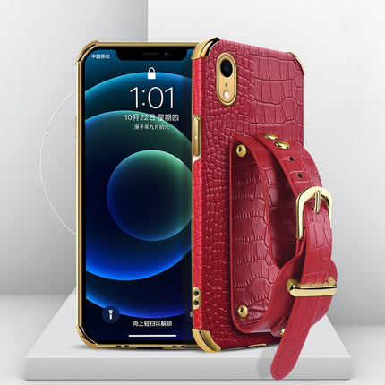 Electroplated TPU Crocodile Pattern Leather Case with Wrist Strap For iPhone XR(Red)-garmade.com