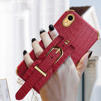 Electroplated TPU Crocodile Pattern Leather Case with Wrist Strap For iPhone XR(Red)-garmade.com