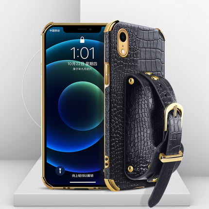 Electroplated TPU Crocodile Pattern Leather Case with Wrist Strap For iPhone XR(Black)-garmade.com