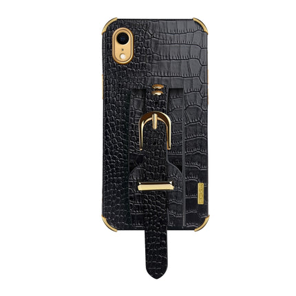 Electroplated TPU Crocodile Pattern Leather Case with Wrist Strap For iPhone XR(Black)-garmade.com