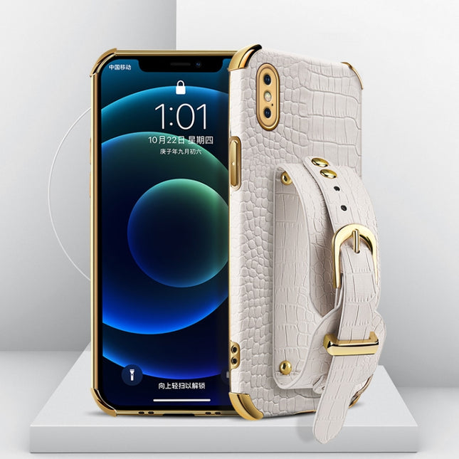 Electroplated TPU Crocodile Pattern Leather Case with Wrist Strap For iPhone XS Max(White)-garmade.com