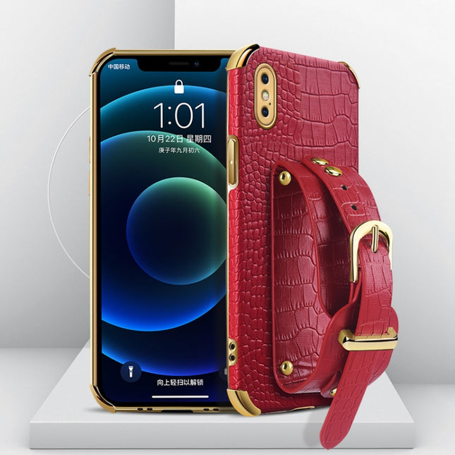 Electroplated TPU Crocodile Pattern Leather Case with Wrist Strap For iPhone XS Max(Red)-garmade.com