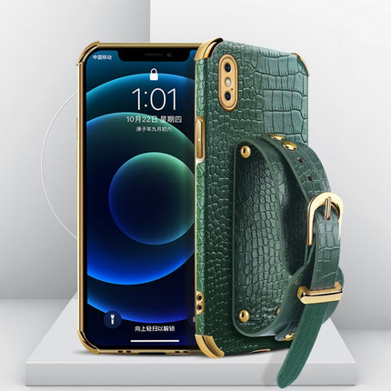 Electroplated TPU Crocodile Pattern Leather Case with Wrist Strap For iPhone XS Max(Green)-garmade.com
