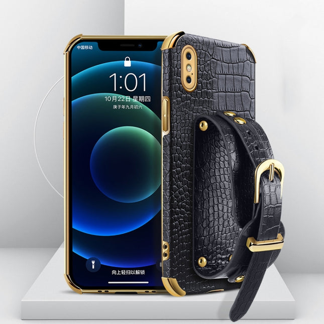 Electroplated TPU Crocodile Pattern Leather Case with Wrist Strap For iPhone XS Max(Black)-garmade.com