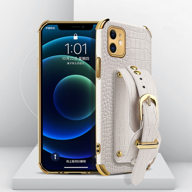 Electroplated TPU Crocodile Pattern Leather Case with Wrist Strap For iPhone 11(White)-garmade.com
