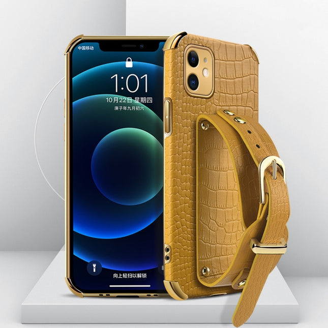Electroplated TPU Crocodile Pattern Leather Case with Wrist Strap For iPhone 11(Yellow)-garmade.com