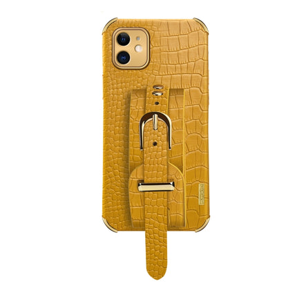 Electroplated TPU Crocodile Pattern Leather Case with Wrist Strap For iPhone 11(Yellow)-garmade.com