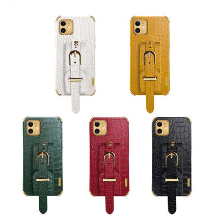 Electroplated TPU Crocodile Pattern Leather Case with Wrist Strap For iPhone 11(Yellow)-garmade.com