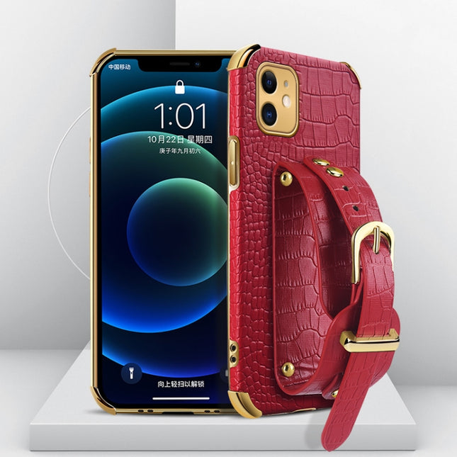 Electroplated TPU Crocodile Pattern Leather Case with Wrist Strap For iPhone 11(Red)-garmade.com