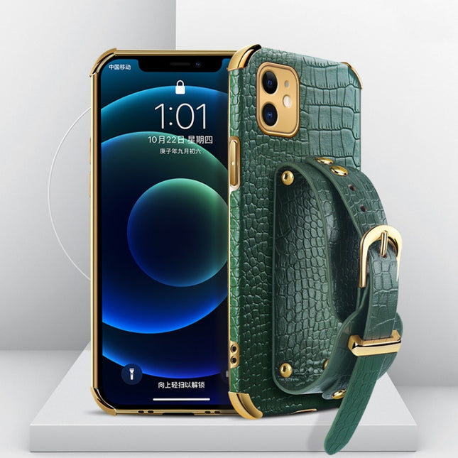 Electroplated TPU Crocodile Pattern Leather Case with Wrist Strap For iPhone 11(Green)-garmade.com