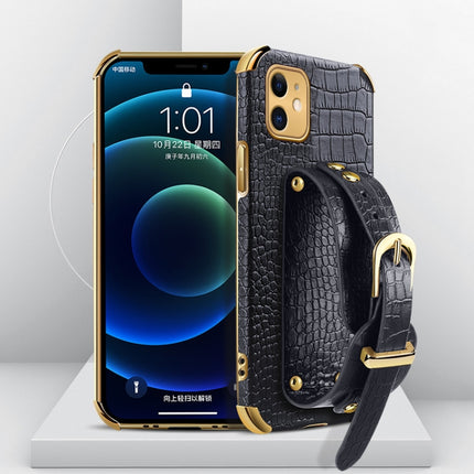 Electroplated TPU Crocodile Pattern Leather Case with Wrist Strap For iPhone 11(Black)-garmade.com