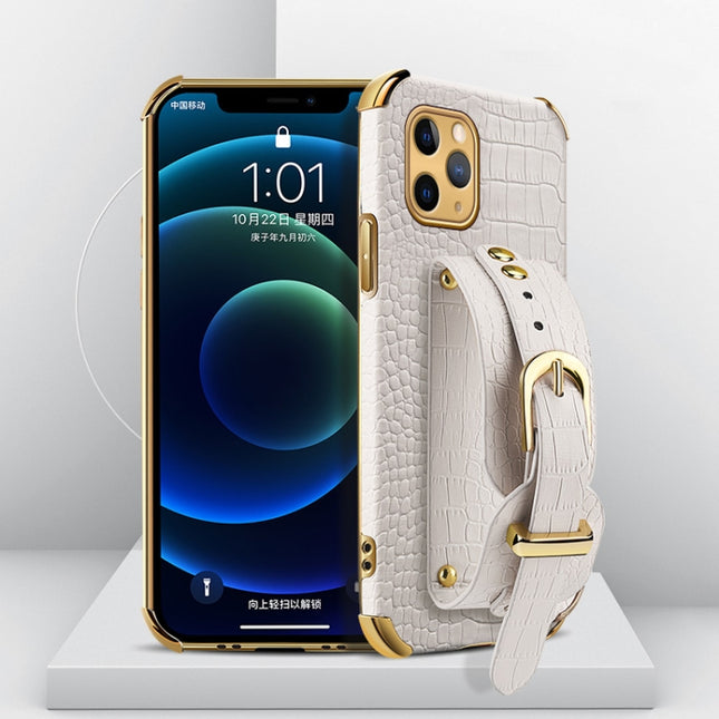 Electroplated TPU Crocodile Pattern Leather Case with Wrist Strap For iPhone 11 Pro(White)-garmade.com