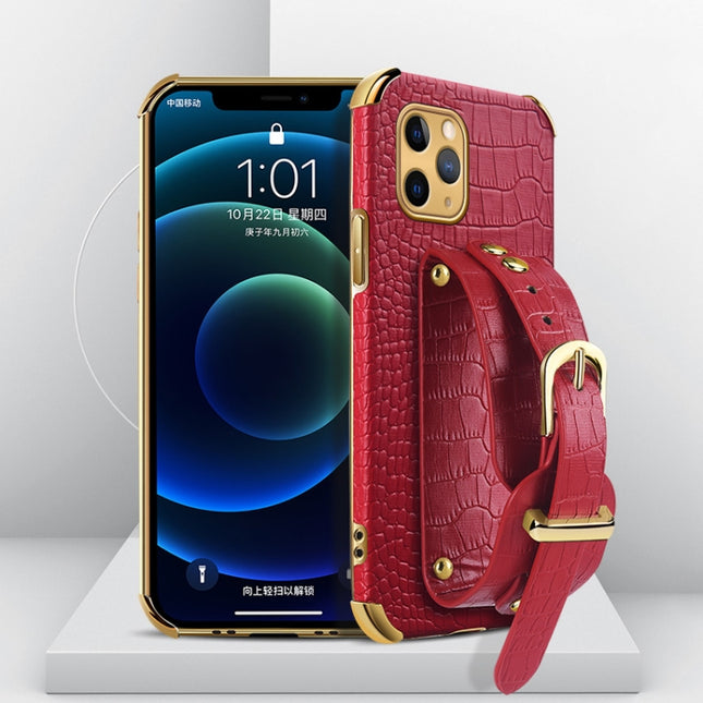 Electroplated TPU Crocodile Pattern Leather Case with Wrist Strap For iPhone 11 Pro(Red)-garmade.com